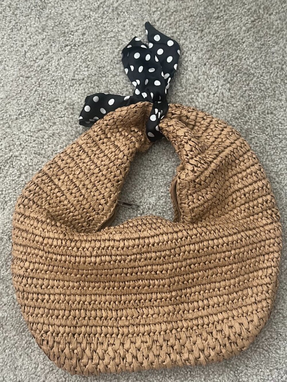 Straw Crochet Hobo Bag with Black Polka Dot Bow Summer Shoulder Purse